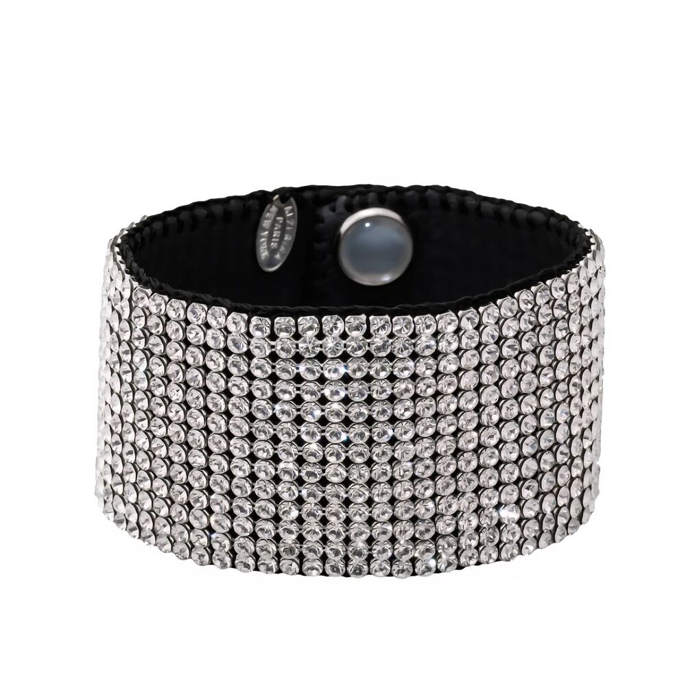 Morella 11 Strand Rhinestone Leather‎ Clasp Wide Bracelet